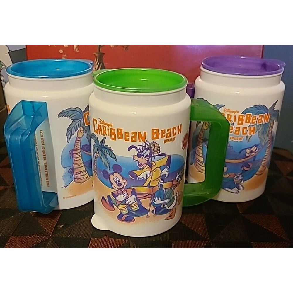 Lot Of 3 Disney Caribbean Beach Resort Plastic Travel Mug Cups Green Blue Purple